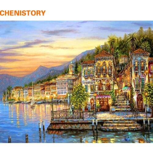 CHENISTORY Sunset Waterside Seascape DIY Painting By Numbers Kits Acrylic Picture Wall Art Canvas Painting For Room Decoration