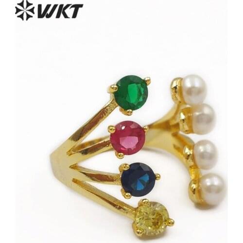 MR005 WKT Women Fashion Ring Jewelry Pearl&Gem-stones Charm Colorful Ring Freshwater Pearl Ring Cubic Zirconia Pave Ring