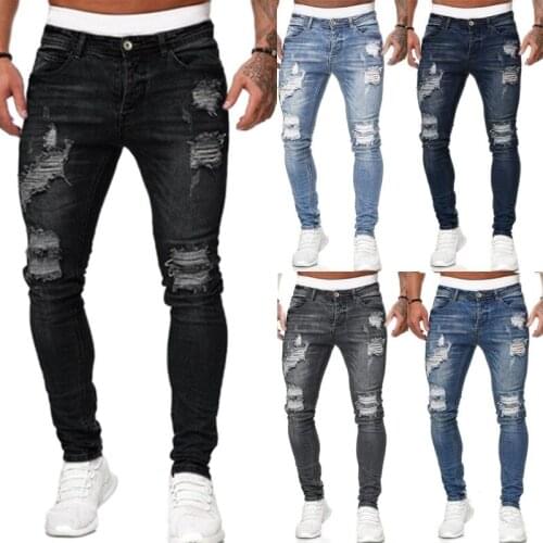 2021 Mens Jeans Cool Ripped Skinny Trousers Stretch Slim Denim Pants Large Size Hip Hop Black Blue Casual Jogging Jeans for Men
