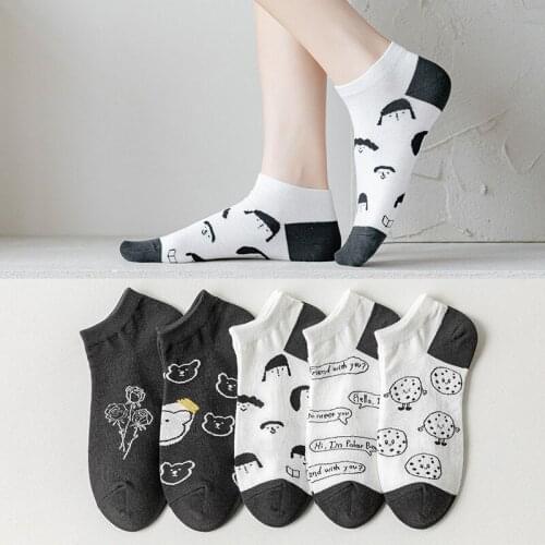 Summer Spring Women New Black And White Cotton Breathable Short Heel Boat Cute Cartoon Socks Personalized Shallow Mouth 5 Pairs