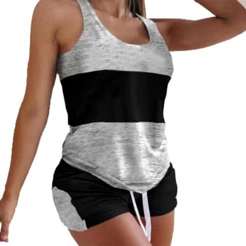 New Stylish Summer Pajama Set Color Block Drawstring Women U Neck Shoulder Strap Sleepwear for Sleeping Clothing