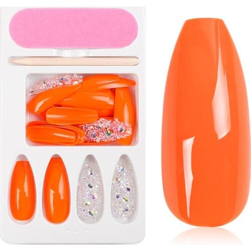 Orange Shining Rhinestone False Nails Designed Square Full Short Coffin Rhinestones Nail Tips Press on Nail Beauty Art Tool