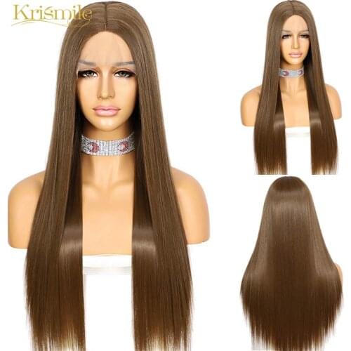Krismile Synthetic Wig Futura Fiber T-Part Lace Front Long Straight Brown 10# Color for Women Party Daily Use High Temperature