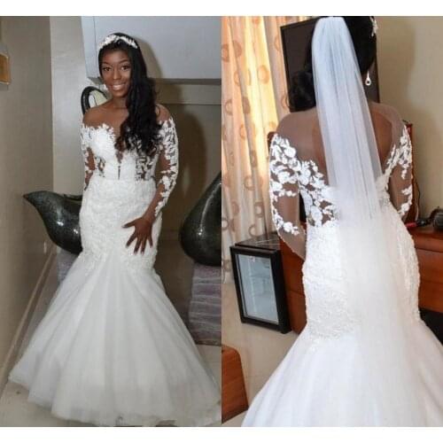 Mermaid Wedding Dresses 2022 Sheer Neck Long Sleeve Open Back Lace Beaded African Bride Gowns Plus Size vestidos
