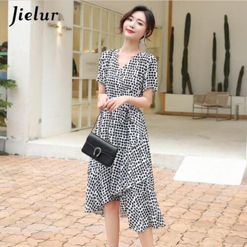 Jielur Women Dress Dot Short Sleeve V-neck Slim Chiffon Summer Dress High Waist New Dresses Robe Femme Elegant Vestidos S-XL