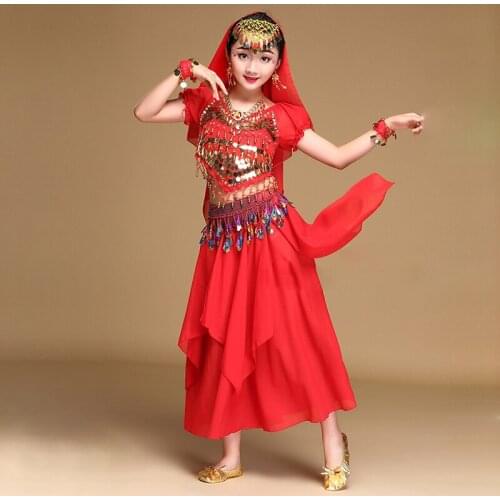 Sari Dancewear Kids Indian Outfits Bollywood Clothing Children Belly Dance Costume Sets 5pcs (Top Belt Skirt Veils Bracelets)