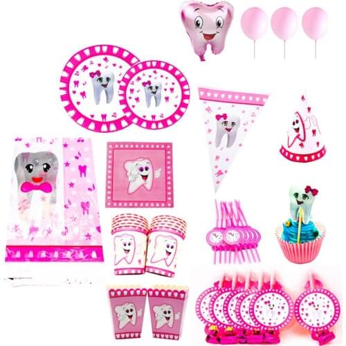 Pink Teeth Theme Disposable Tableware Girls First Tooth Birthday Party Decorations Disposable Plates Napkins Cups Banners