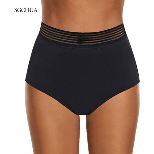 SGCHUA New Solid Black Womens Swimming Trunks High Waist Bikini Bottom Sexy Lace Swim Panties Plus Size XXL Beach Bather Briefs