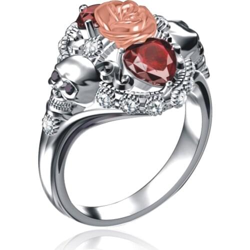 UFOORO Color Separation Rose Skull Ring Heart-shaped Red Zircon Punk Ring Ladies Creative Hipster Jewelry