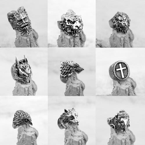 Vintage Gothic Wolf Head Ring Men Bull Head Skull Spider Eagle Lion Dragon Cross Snake Men Ring Punk Jewelry Evil Eye Ball Gift