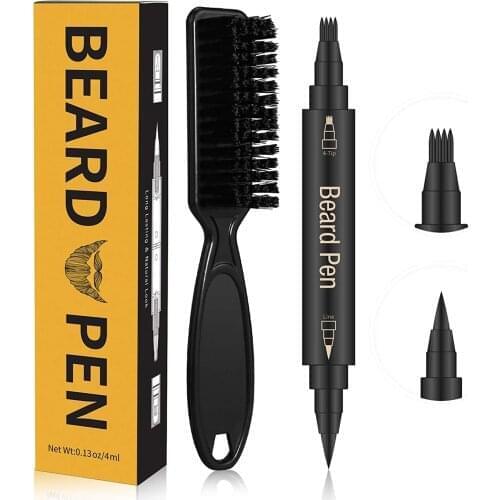 Waterproof Four-prong Beard Pen And Beard Brush Double Head Filler Pencil Coverage Enhancer Lasting Repair Moustache Shape