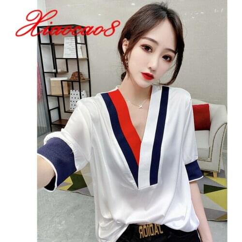 2021 New Fashion Summer Women Silk V Neck Blouse Oversize Patchwork Elegant Woman Short Sleeve Shirts Top Womens Casual Clothing