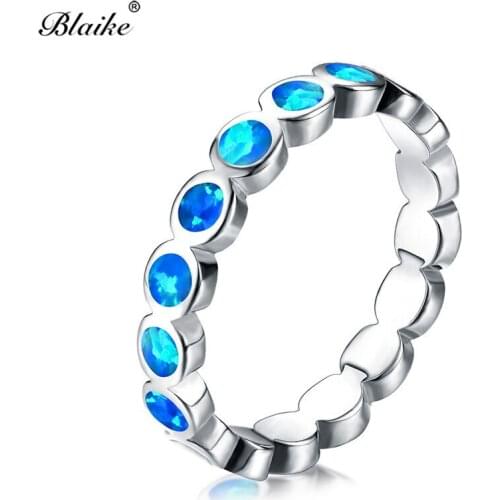 Blaike Single Row Round Blue/White Fire Opal Rings for Women Wedding Bands Silver Color Birthstone Engagement Ring