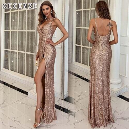 Womens Dresses V-Neck Sleeveless Sequin Striped Suspender Spaghetti Strap Dress Ladies Charming High Split Dress Outfit SECENSE