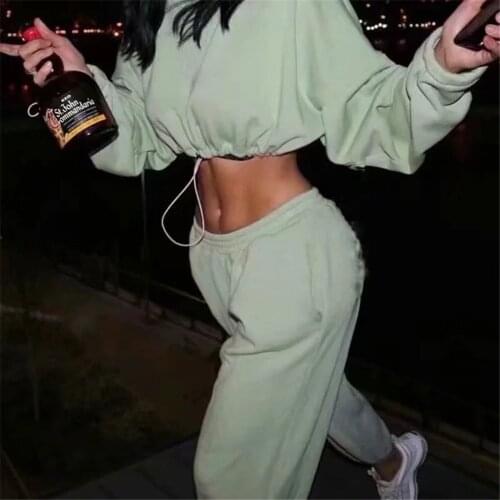 Women Casual Solid Color Crop Tops Spring Autumn Long Sleeve Round Neck Sweatshirt Adjustable Drawstring Waist Fashion Pullover