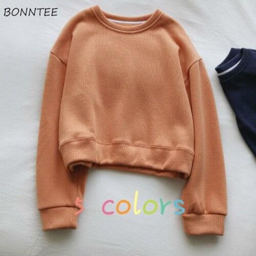 Women No Hat Hoodies Solid Minimalist O-Neck Long Sleeve Casual All-match Feminino Sweatshirts Fashion Loose Korean Style Autumn