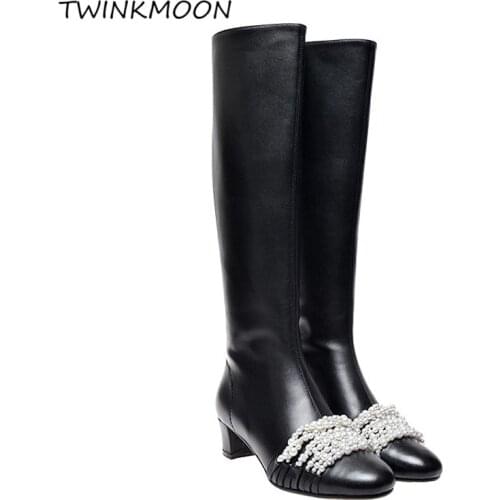 Pearl Beaded Women High Boots Black Leather Knee High Boots Zip 4.5CM Med Heel Womens Winter Shoes Short Plus