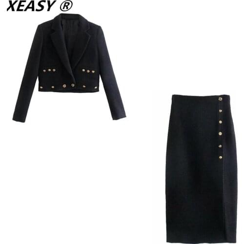 XEASY 2021 Women Fashion Two-Piece Set Vintage Textured Buttoned Short Casual Blazer Female High Waist Front Split Skirt Sets