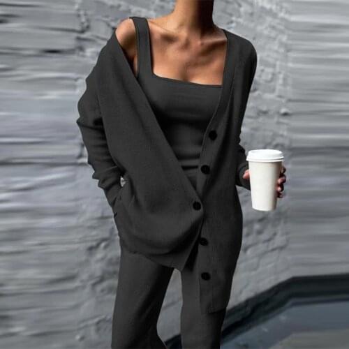 Women Soft Three Piece Set Autumn Fashion Wrap Cardigan Tops And High Waist Pants Suit Female Casual Simple Tracksuit Streetwear