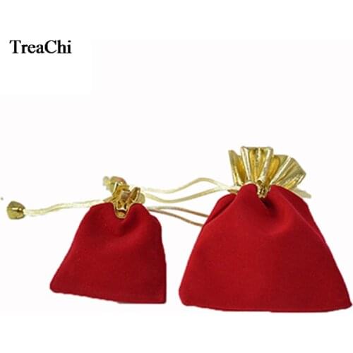 100Pcs Luxury Velvet Jewelry Package Pouches Red Gold Wedding Necklace Bracelet Packing Drawstring Carry Case Birthday Gift Bag