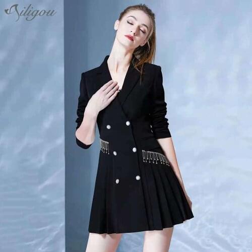 Ailigou New Fashion Sexy WomenS Long-Sleeved Suit Autumn Casual Office Wear 2021 Fashion Tassel Button Designer Mini Dress