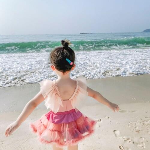 2021 New Children swimwear cartoon lovely light pink net gauze pearl Europe and the US one piece swimsuit 2 piece with skirt