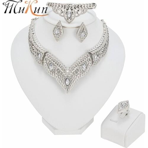 MUKUN African Nigerian Wedding Bridal Jewelry Sets Dubai Silver Plated Crystal Necklace Bracelet Earrings Ring Set for Women