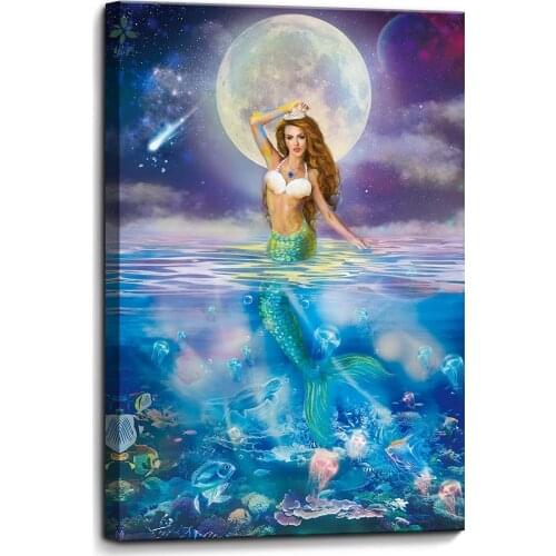 Colorful Mermaid In Moonlight On The Sea Decor For Bathroom Canvas Print Artwork Modern Popular Wall Decoration