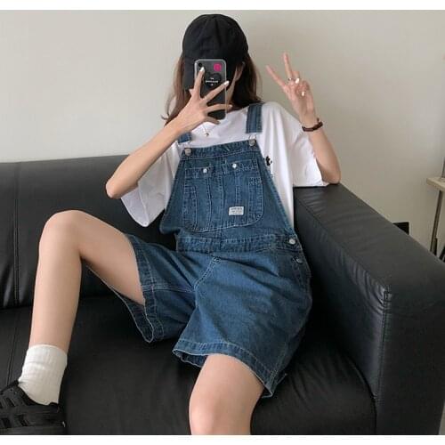 SML Summer korean preppy style Jumpsuit Denim Overalls Casual Girls blue Jeans Shorts womens (78500)