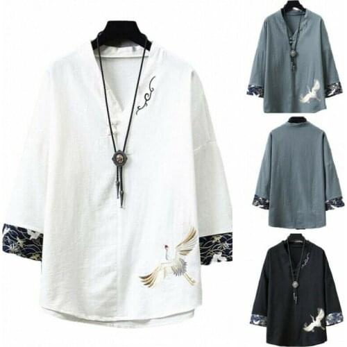 Summer Mens Embroidered Chinese Vintage style V Neck Shirt Tops Hanfu Tees C215