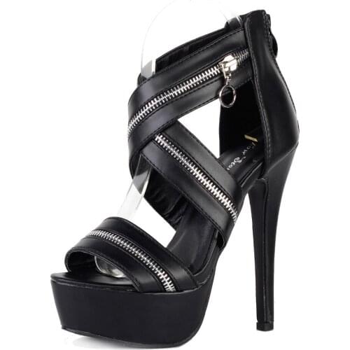 LF80101 Punk Black X-Strap Zip Gothic Platform Stiletto Heel Sandals Size 4/5/6/7/8/9/10