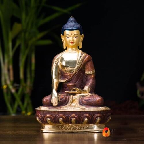 TOP GOOD wholesale buddha statue # 8 inch tall --HOME family Talisman # Tibet hand-painted Gilding the Buddha brass statue