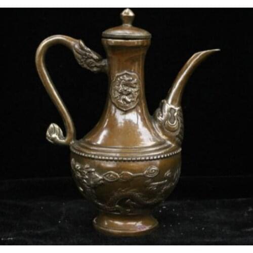 Manked Old Chinese Dynasty Bronze Brass Dragon Beast Wine Tea Pot Flagon Statue