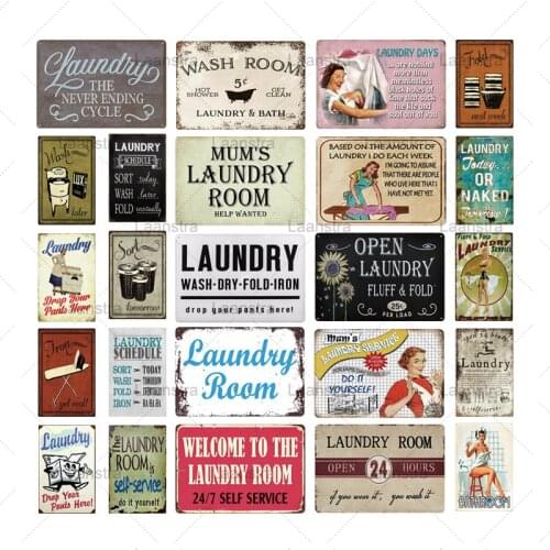 Metal Tin Sign Retro Laundry Room Bathroom Signs Vintage Poster 24 Hours Self-service Wall Art Decor For Laundry Room Iron Brand