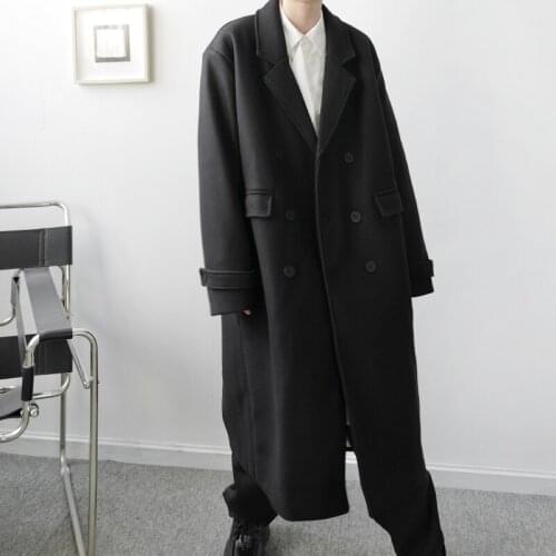 MIXCUBIC 2020 Autumn Korean style retro woolen windbreaker for men Long section casual loose black trench coat men,S-XL