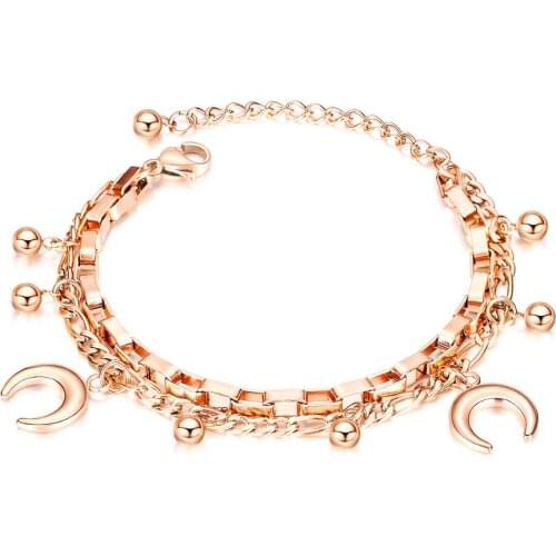 Fashion rose gold stainless steel moon bracelets for women charms Multilayer chain adjustable armband jewelry regalos para mujer