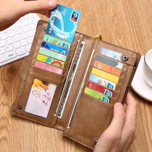 Men Long Wallets Retro Soft Clutch Bag Oil Wax Leather Zipper Pocket Wrist Hand Strap Design Credit Card Holder Wallet Phone Bag