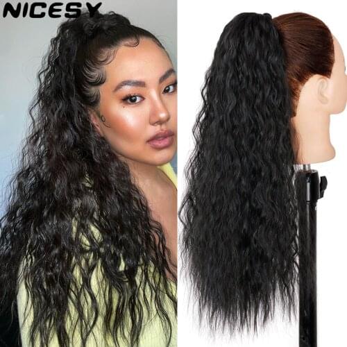 NICESY Corn Wavy Long Ponytail Synthetic Hairpiece Wrap on Clip Hair Extensions Ombre Brown Pony Tail Blonde Fack Hair