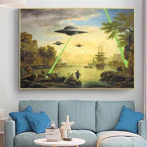 Alien UFO Invasion Graffiti Art Canvas Paintings On The Wall Art Posters And Prints Street Art Pictures Wall Decoration Cuadros