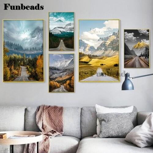 Nordic Travel Landscape Road Trees Nature Mountain Diy Diamond painting Autumn Winter Art diamond embroidery Wall Decor FF4996
