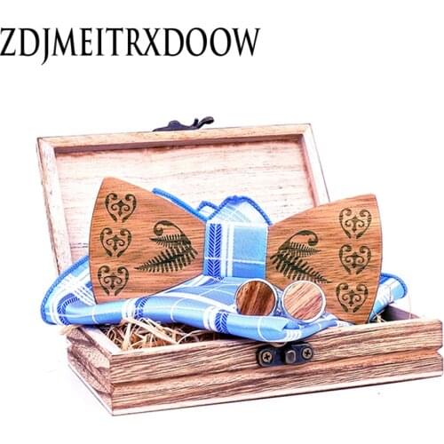 New design Wooden bow tie plaid Pocket square Cuff links Ties For Men With Wooden Box Gravata Handkerchief Engraving