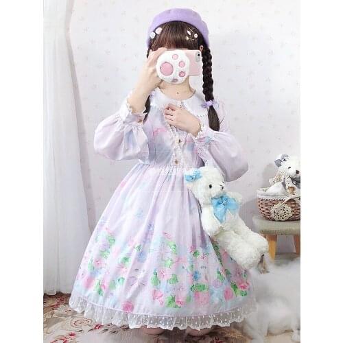 Japanese sweet lolita dress vintage peter pan collar high waist cute printing victorian dress kawaii girl gothic lolita op loli