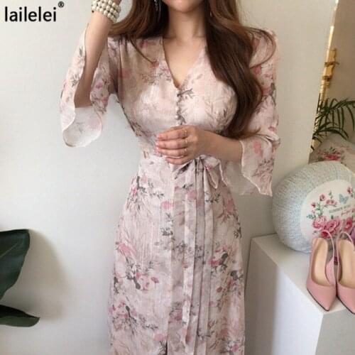 Chiffon Printed V-neck Dress Midi A-line Buttons Flare Sleeve Long Skirt Summer 2021 Elegant Robe Lady Dating Dresses