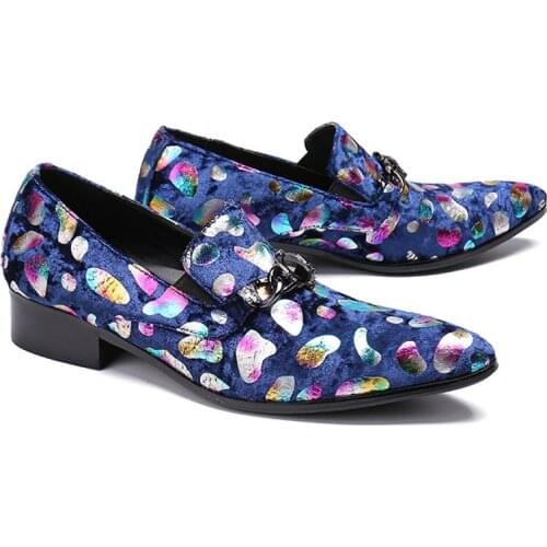 Luxury Designer Bright Spot Printed Men Leather Business Party Dress Shoes Runway Slip On Block Heel Satin Formal Wedding Shoes