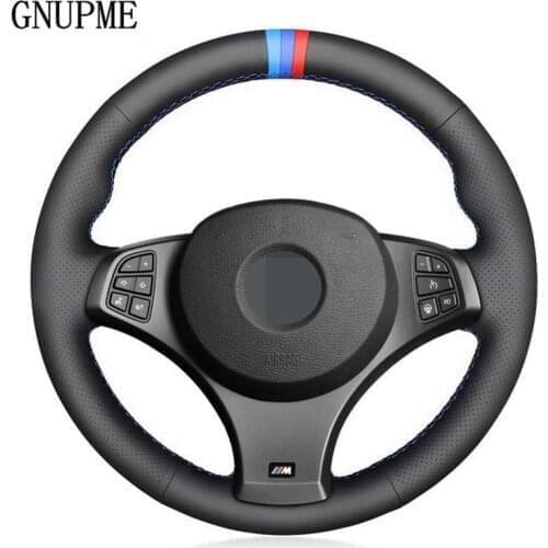 DIY Black Genuine Leather 3 COLOR STRIPES Hand-stitched Car Steering Wheel Cover for BMW X3 (M Sport) E83 2005-2010