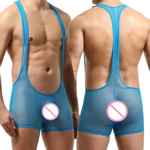 Sexy Mens Undershirts Shorts Exotic Mesh Transparent Bodysuits Leotard Mankini Underwear Wrestling Singlet Jumpsuits One-piece