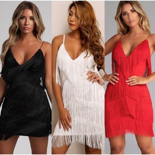 Sexy Dress Tassel Stitching Halter Dress Dress Deep V-neck Dress