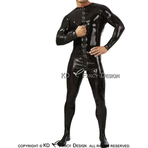 Black Sexy Latex Catsuit With Feet Socks Front Zipper Round Collar Rubber Bodysuit Overall Zentai Body Suit LTY-0244