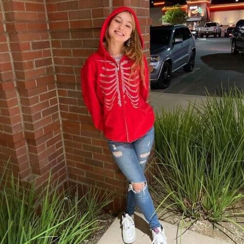 Women Hooded Sweater, Adults Skeleton Print Long Sleeve Zipper Cardigan with Pocket, Drawstring 2021 New Fashion