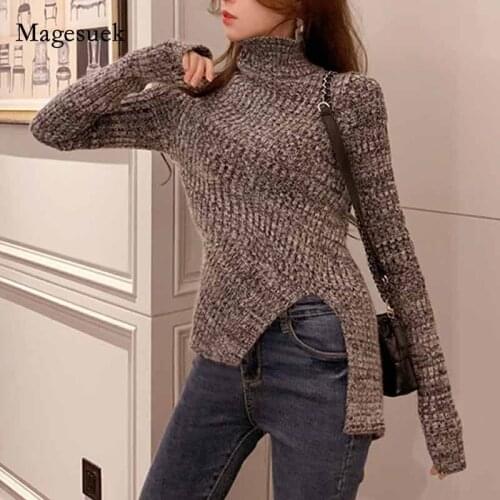 Vintage Gray Knitted Sweaters 2020 Fashion Autumn Winter Clothes Women Korean Long Sleeve Slim Womens Turtleneck Pullover 11029